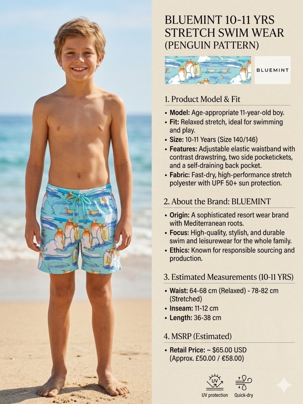 Boys' Light Blue Penguin Print Swim Shorts